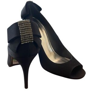 Stuart Weitzman Ladies 10 M Black Peep‎ Toe Dangly Rhinestone High Heel Pumps